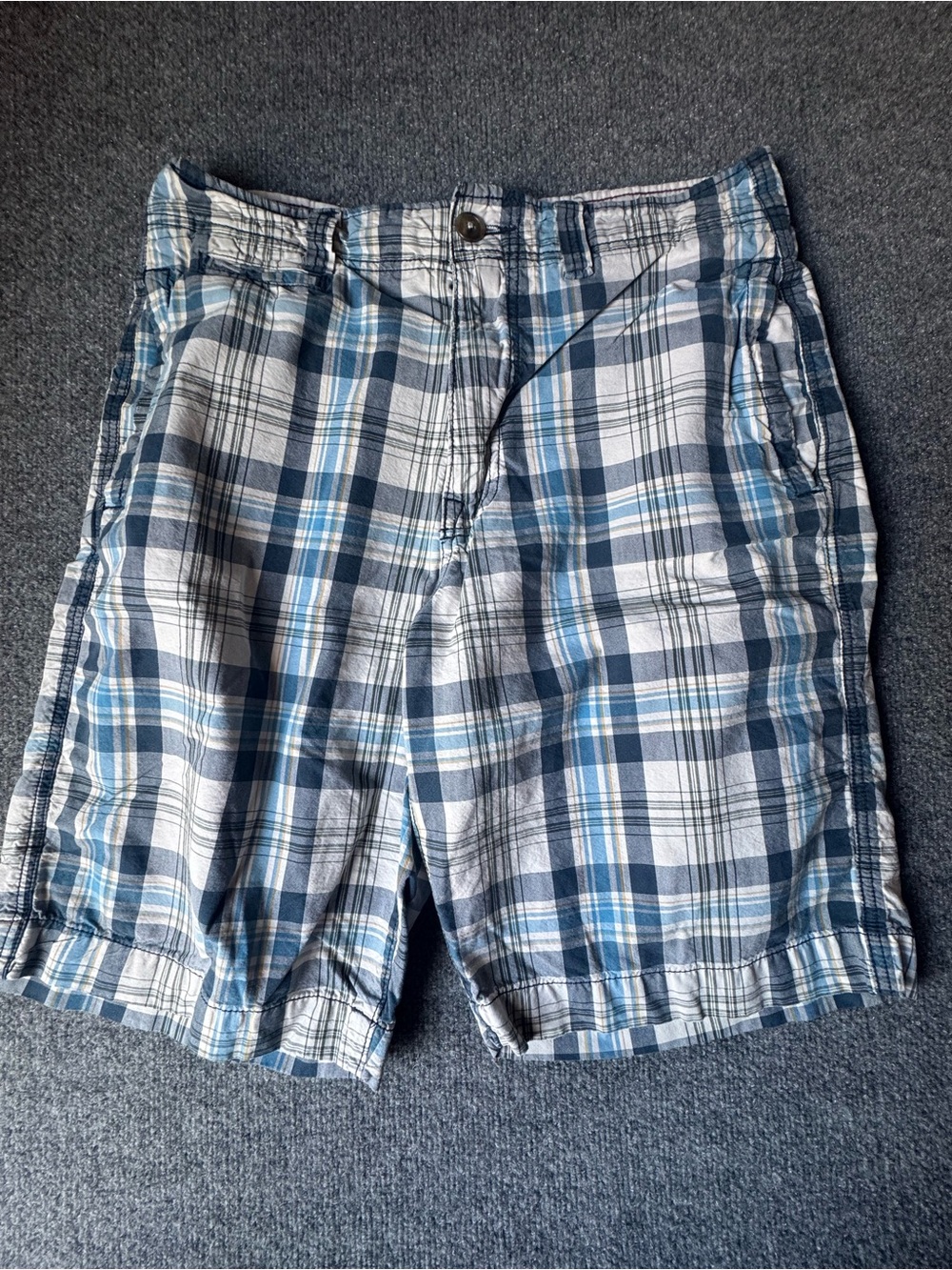 American Eagle Men's Blue and White Plaid Shorts